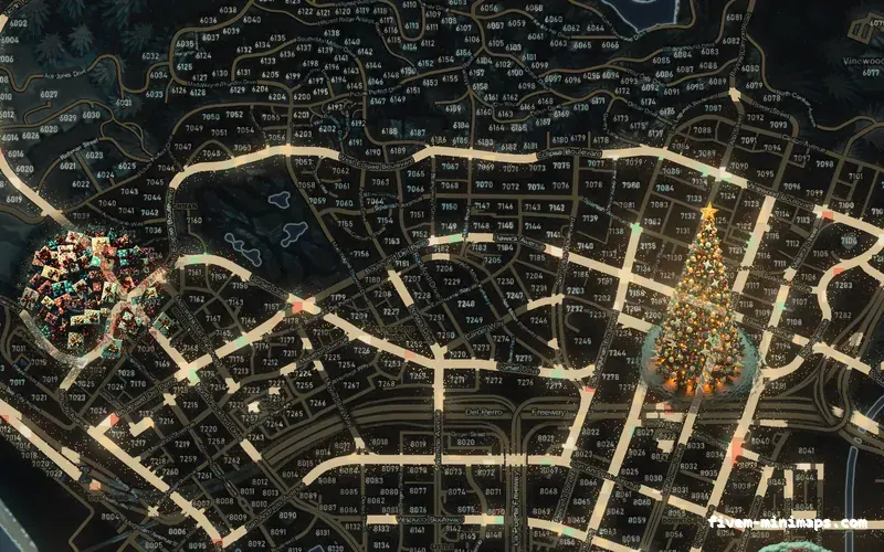 Christmas Black WINTER OBSIDIAN FiveM-compatible minimap for GTA 5 — with postal codes — showing Los Santos street detail