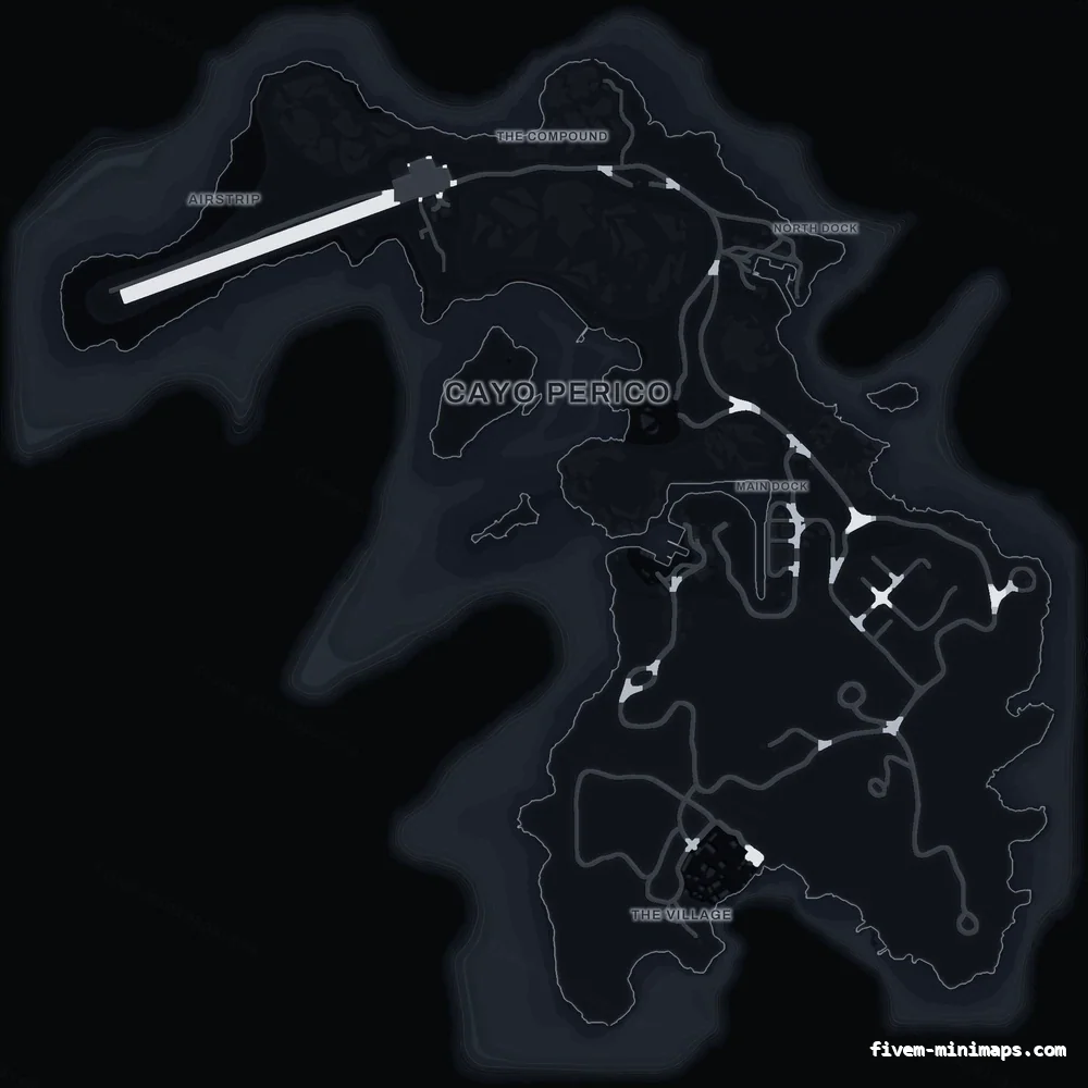 Black OBSIDIAN Cayo Perico FiveM-compatible minimap for GTA 5 — optional island add-on in the same palette, google style