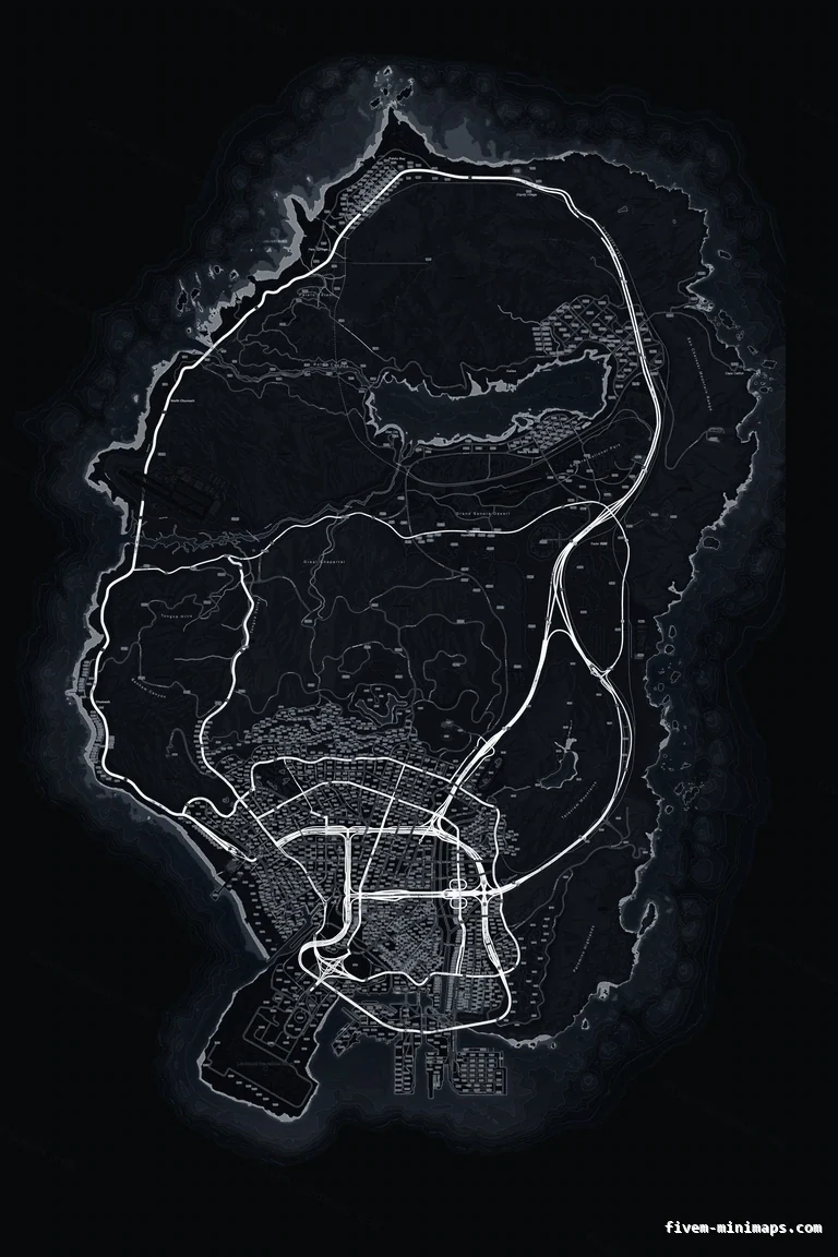 Black OBSIDIAN FiveM minimap for GTA V — google style — showing the whole San Andreas map