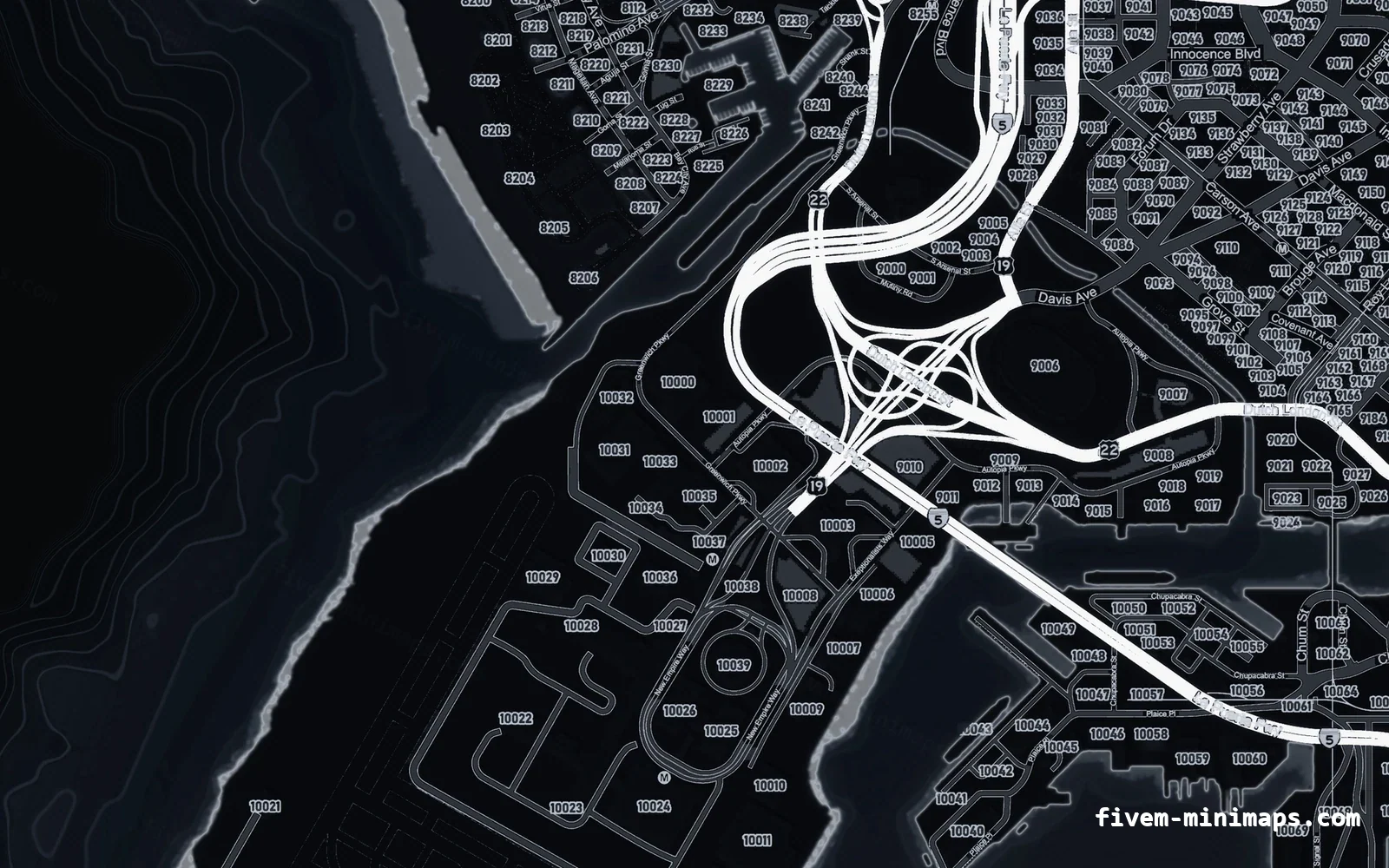 Black OBSIDIAN FiveM minimap for GTA V — google style — showing the harbour and industrial docks