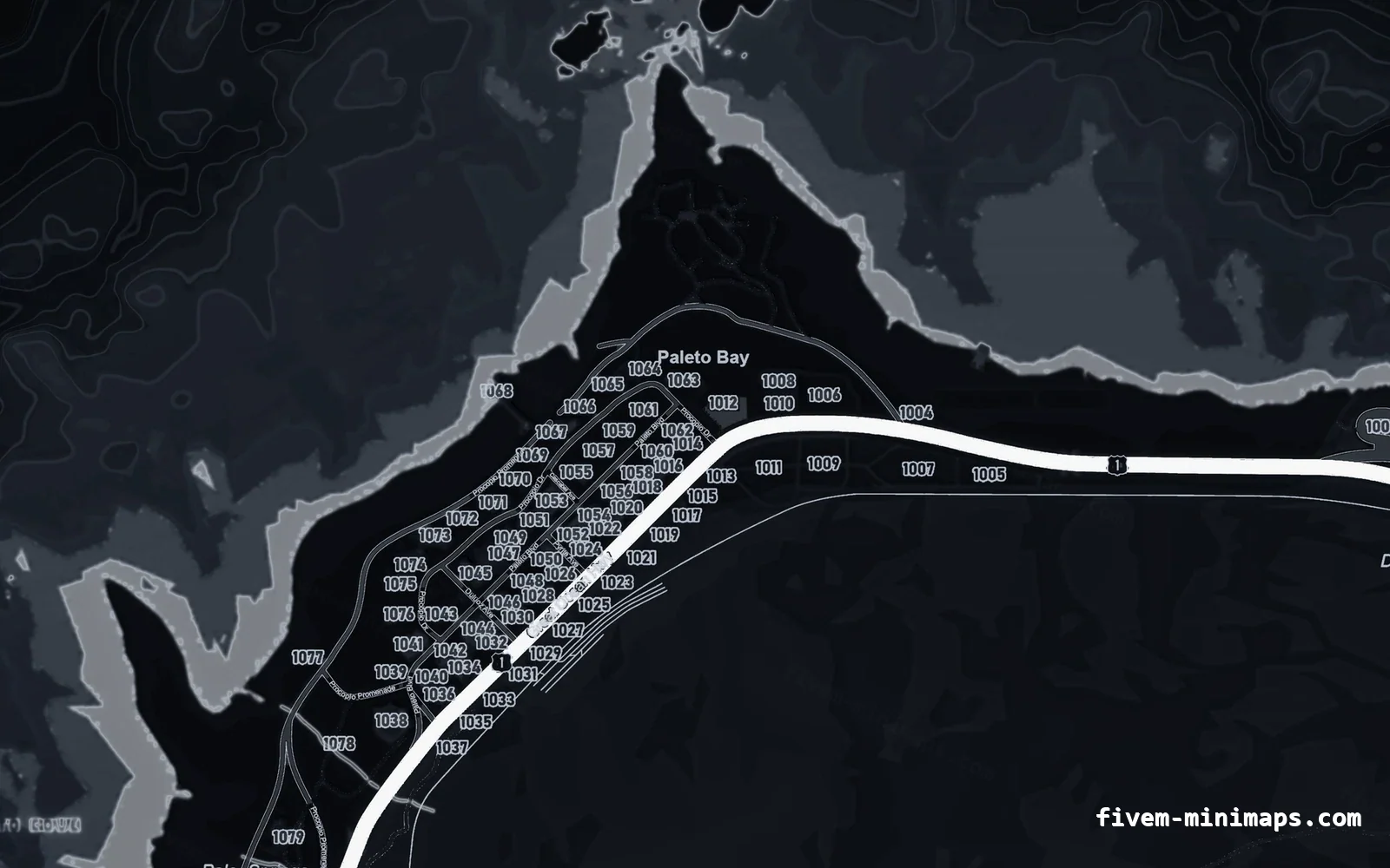 Black OBSIDIAN FiveM minimap for GTA V — google style — showing Paleto Bay and Mount Chiliad