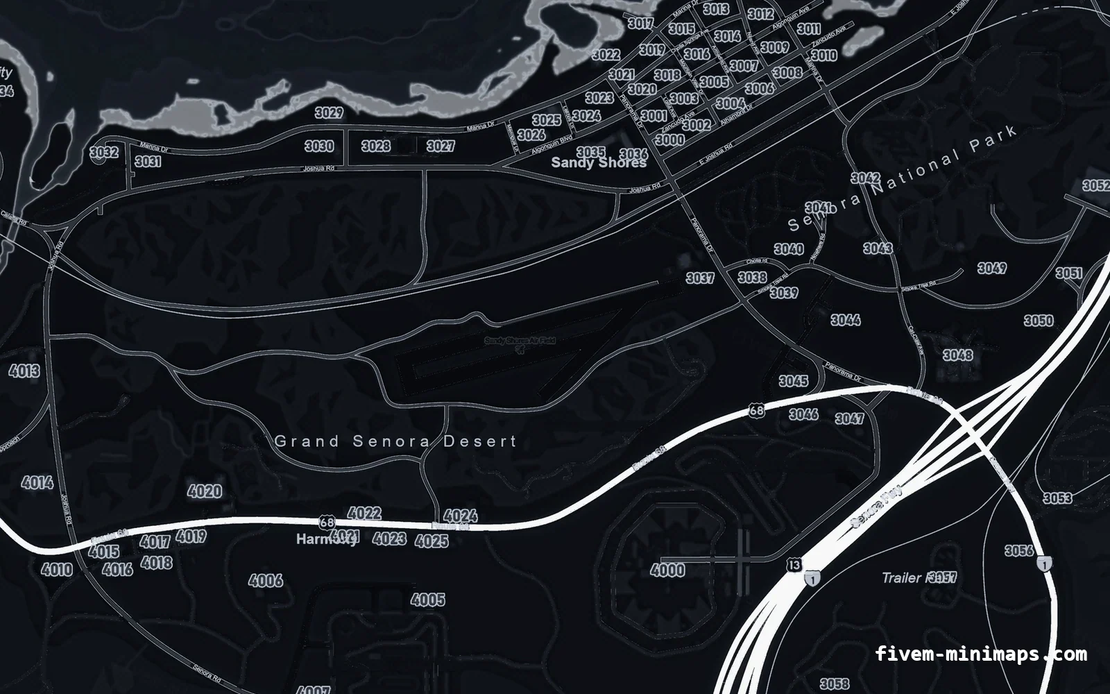 Black OBSIDIAN FiveM minimap for GTA V — google style — showing Sandy Shores and the desert