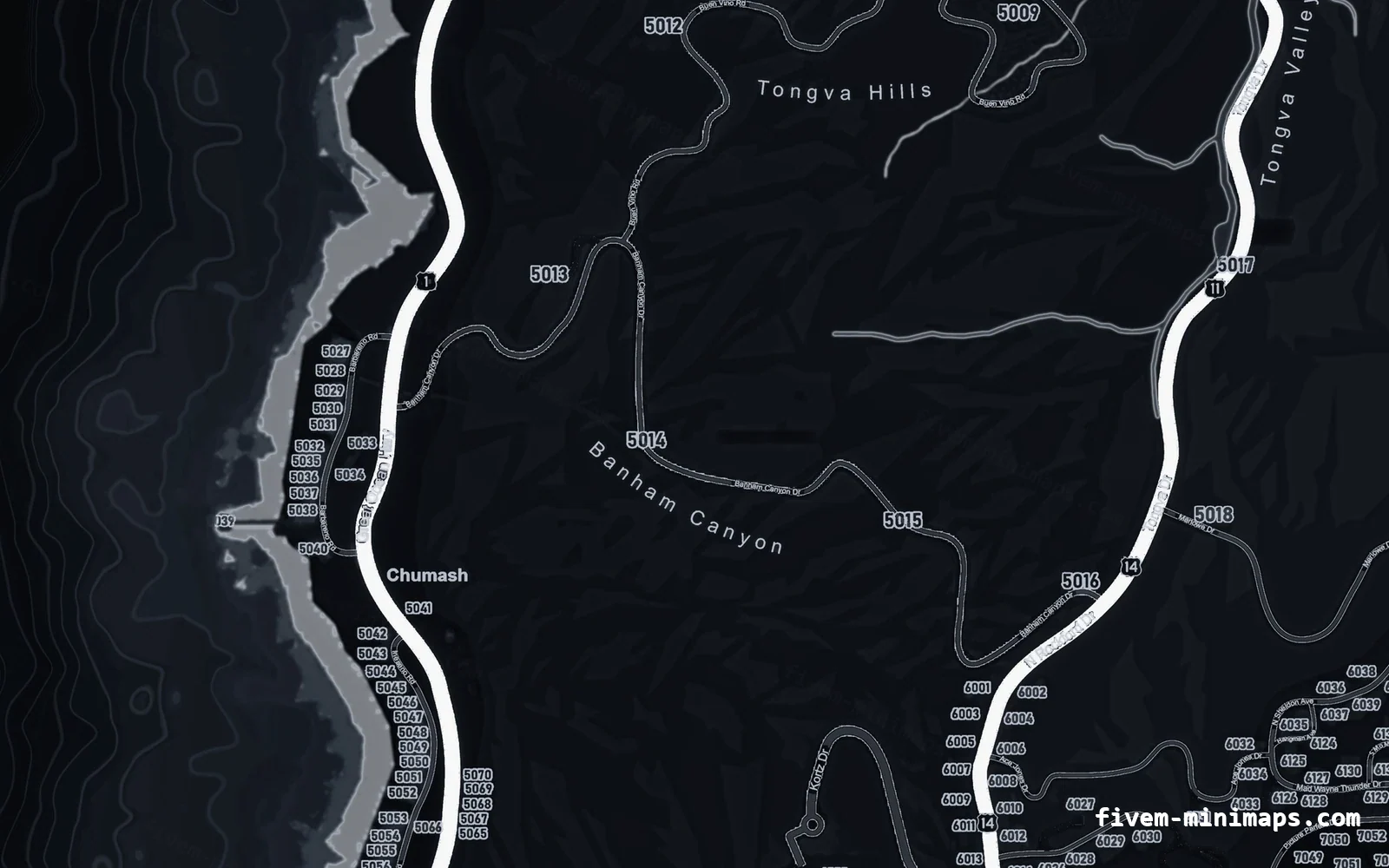 Black OBSIDIAN FiveM minimap for GTA V — google style — showing the west coast and depth contours