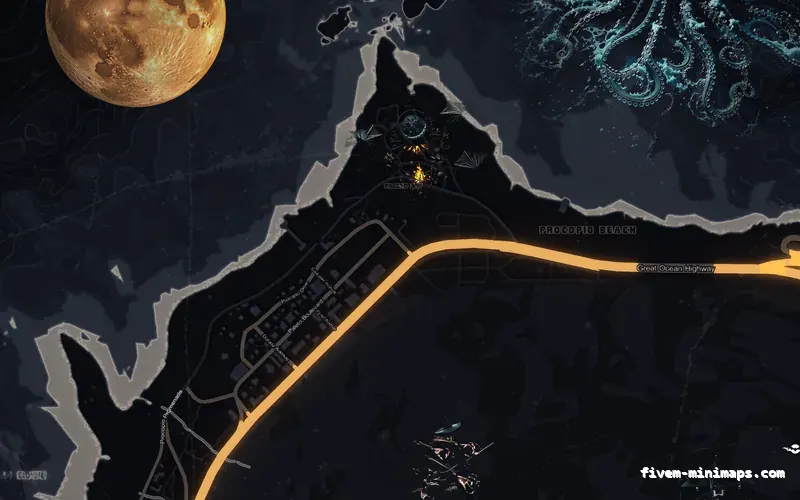 Halloween Black HAUNTED OBSIDIAN FiveM-compatible minimap for GTA 5 — without postal codes — showing Paleto Bay and Mount Chiliad