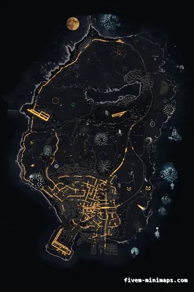 Halloween Black HAUNTED OBSIDIAN FiveM-compatible minimap for GTA 5 — with postal codes — showing the whole Los Santos and Blaine County map