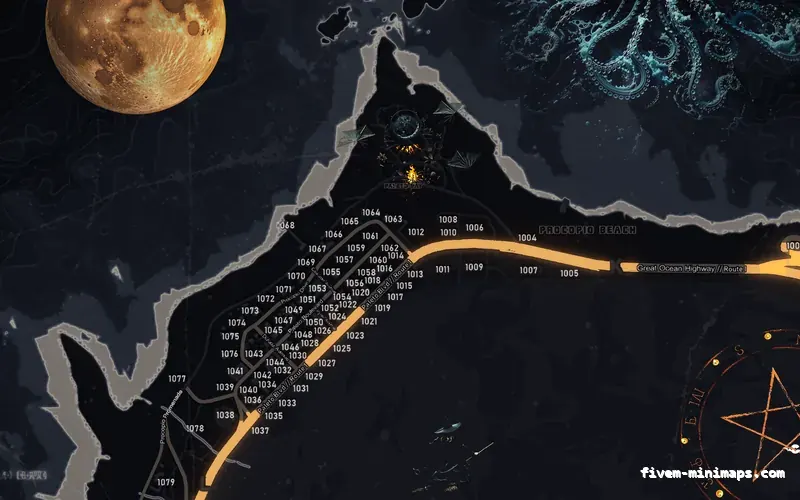 Halloween Black HAUNTED OBSIDIAN FiveM-compatible minimap for GTA 5 — with postal codes — showing Paleto Bay and Mount Chiliad