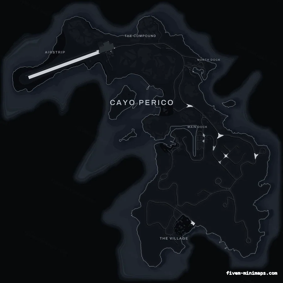 Black OBSIDIAN Cayo Perico FiveM-compatible minimap for GTA 5 — optional island add-on in the same palette, without postal codes