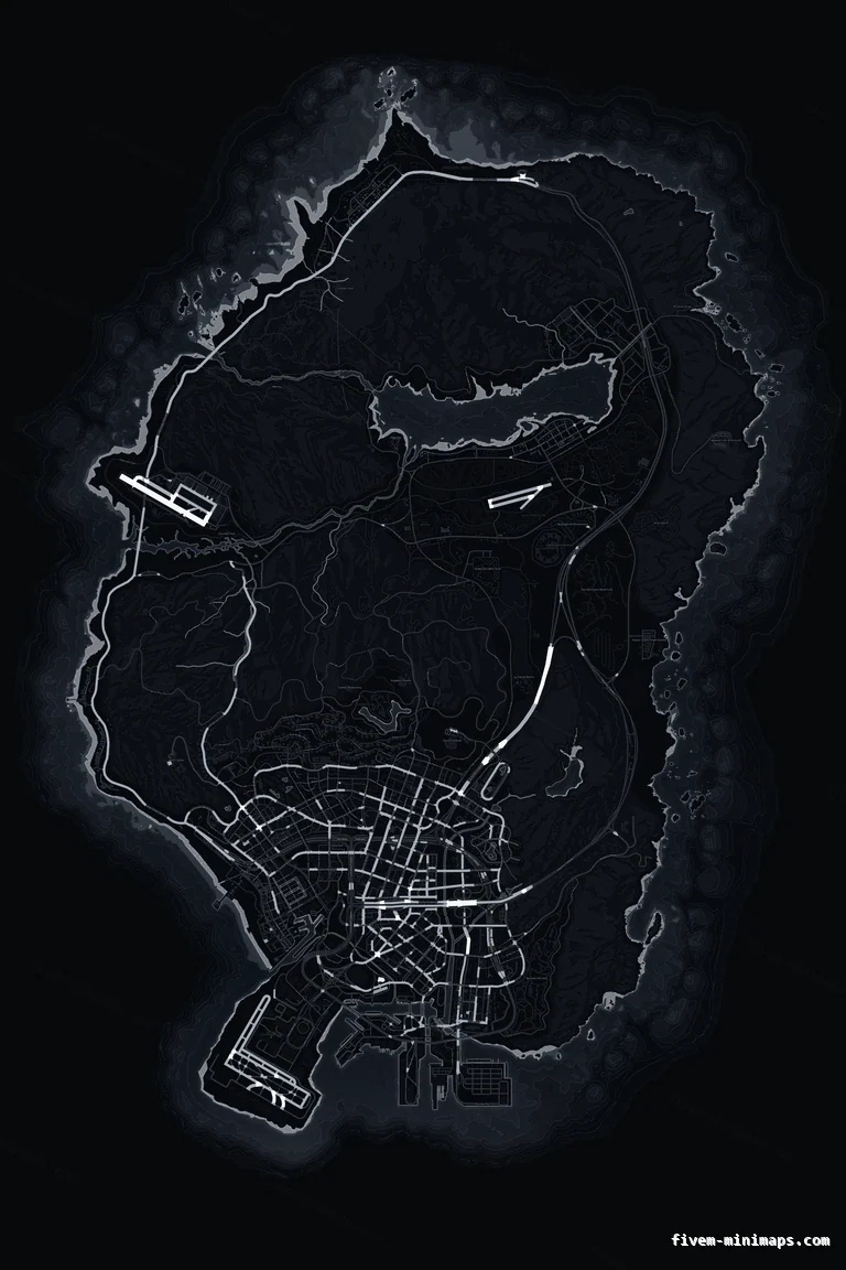 Black OBSIDIAN FiveM minimap for GTA V — without postal codes — showing the whole San Andreas map