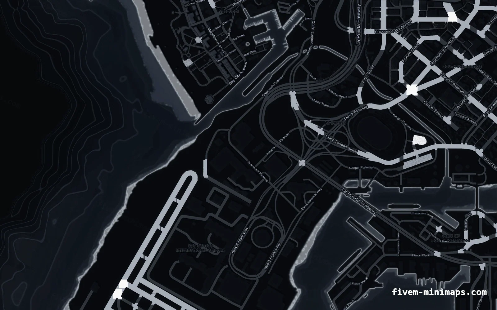 Black OBSIDIAN FiveM minimap for GTA V — without postal codes — showing the harbour and industrial docks