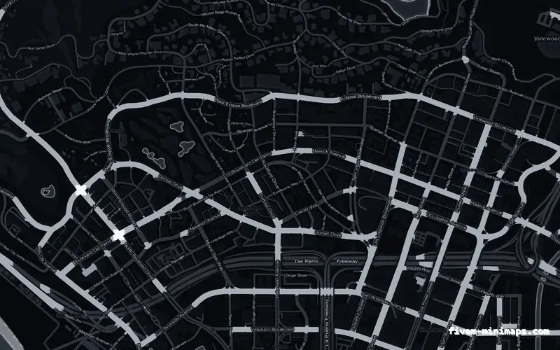 Black OBSIDIAN FiveM minimap for GTA V — without postal codes — showing Los Santos street detail