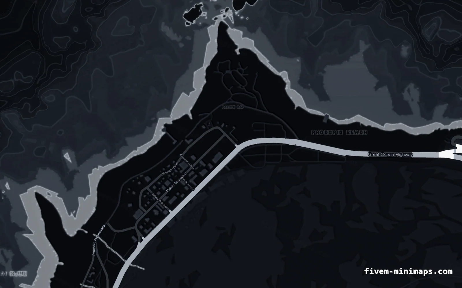 Black OBSIDIAN FiveM minimap for GTA V — without postal codes — showing Paleto Bay and Mount Chiliad