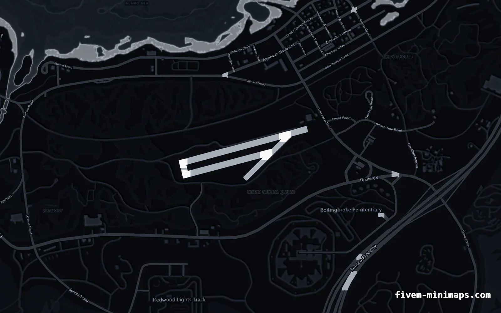 Black OBSIDIAN FiveM minimap for GTA V — without postal codes — showing Sandy Shores and the desert