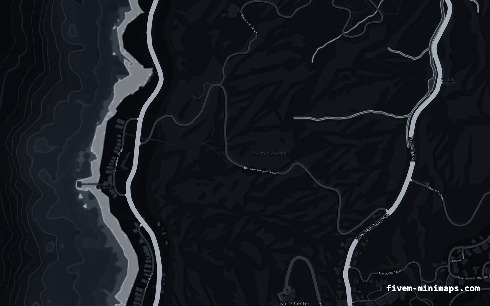 Black OBSIDIAN FiveM minimap for GTA V — without postal codes — showing the west coast and depth contours