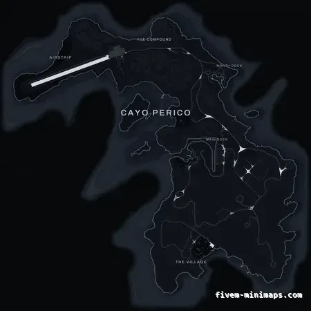Black OBSIDIAN Cayo Perico FiveM-compatible minimap for GTA 5 — optional island add-on in the same palette, with postal codes