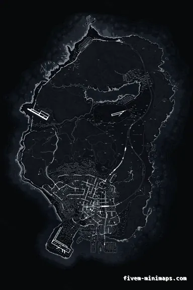 Black OBSIDIAN FiveM minimap for GTA V — with postal codes — showing the whole San Andreas map