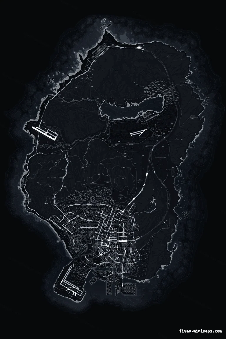 Black OBSIDIAN FiveM minimap for GTA V — with postal codes — showing the whole San Andreas map