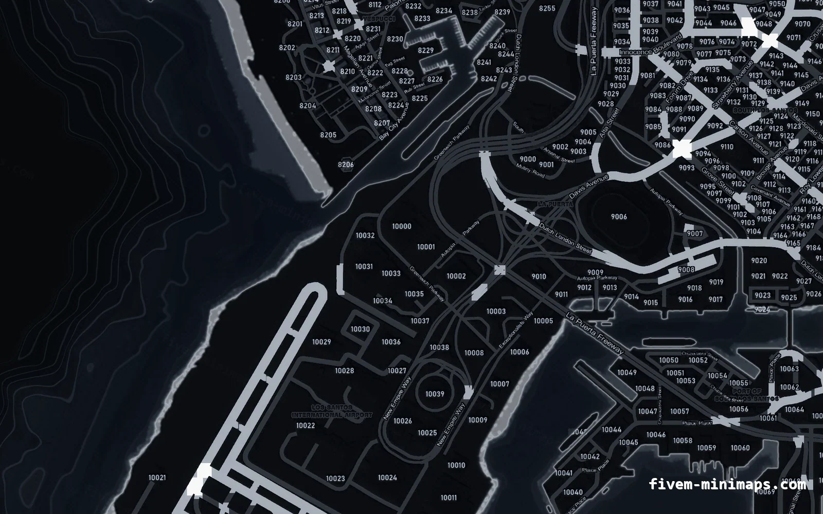 Black minimap — Harbour Black OBSIDIAN FiveM minimap for GTA V — with postal codes — showing the harbour and industrial docks