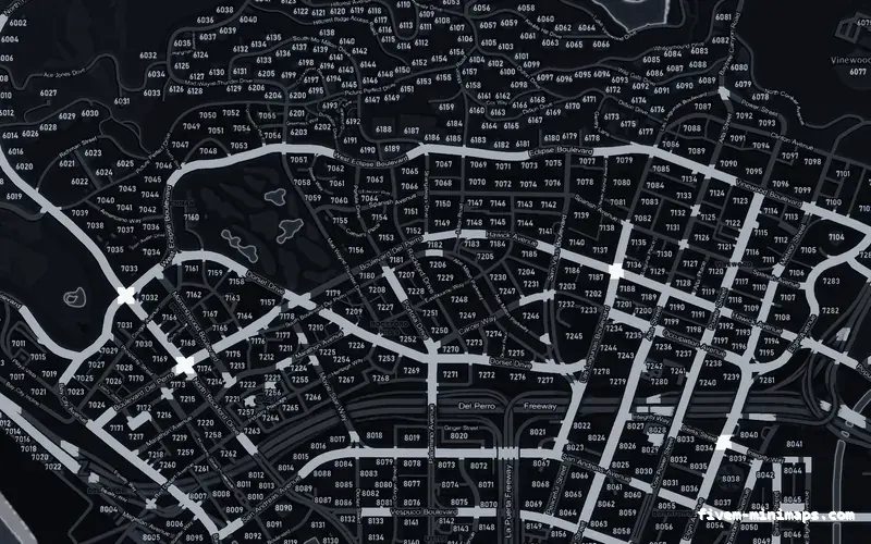 Black OBSIDIAN FiveM minimap for GTA V — with postal codes — showing Los Santos street detail
