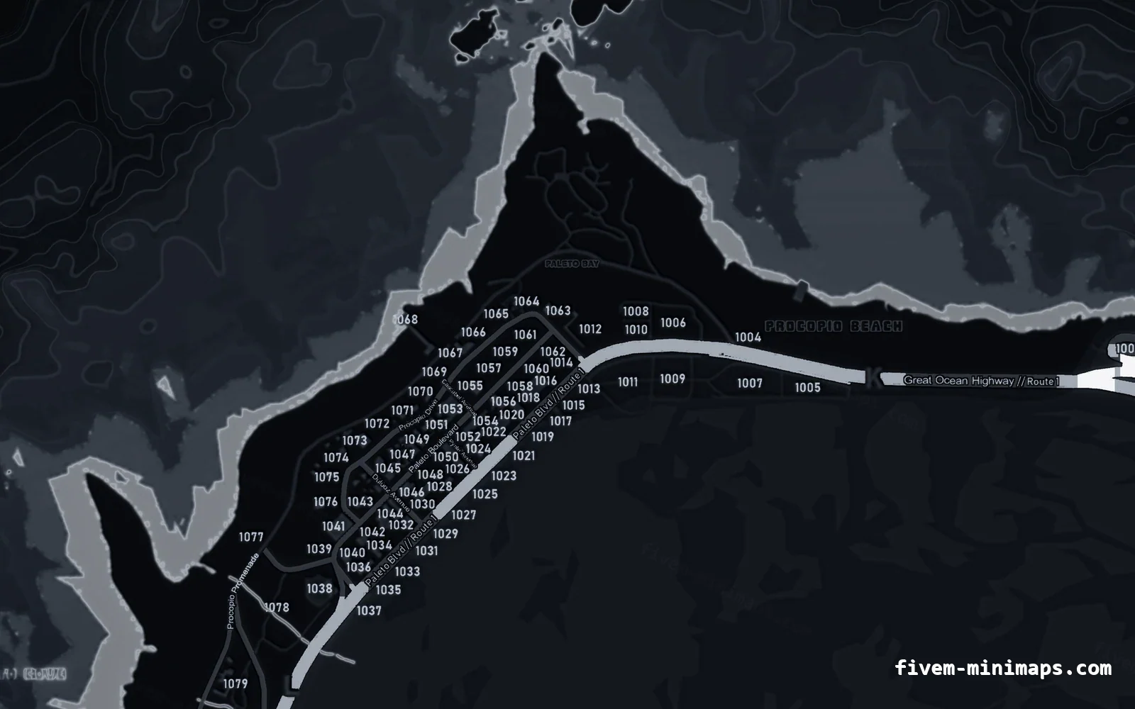 Black minimap — Paleto Bay Black OBSIDIAN FiveM minimap for GTA V — with postal codes — showing Paleto Bay and Mount Chiliad