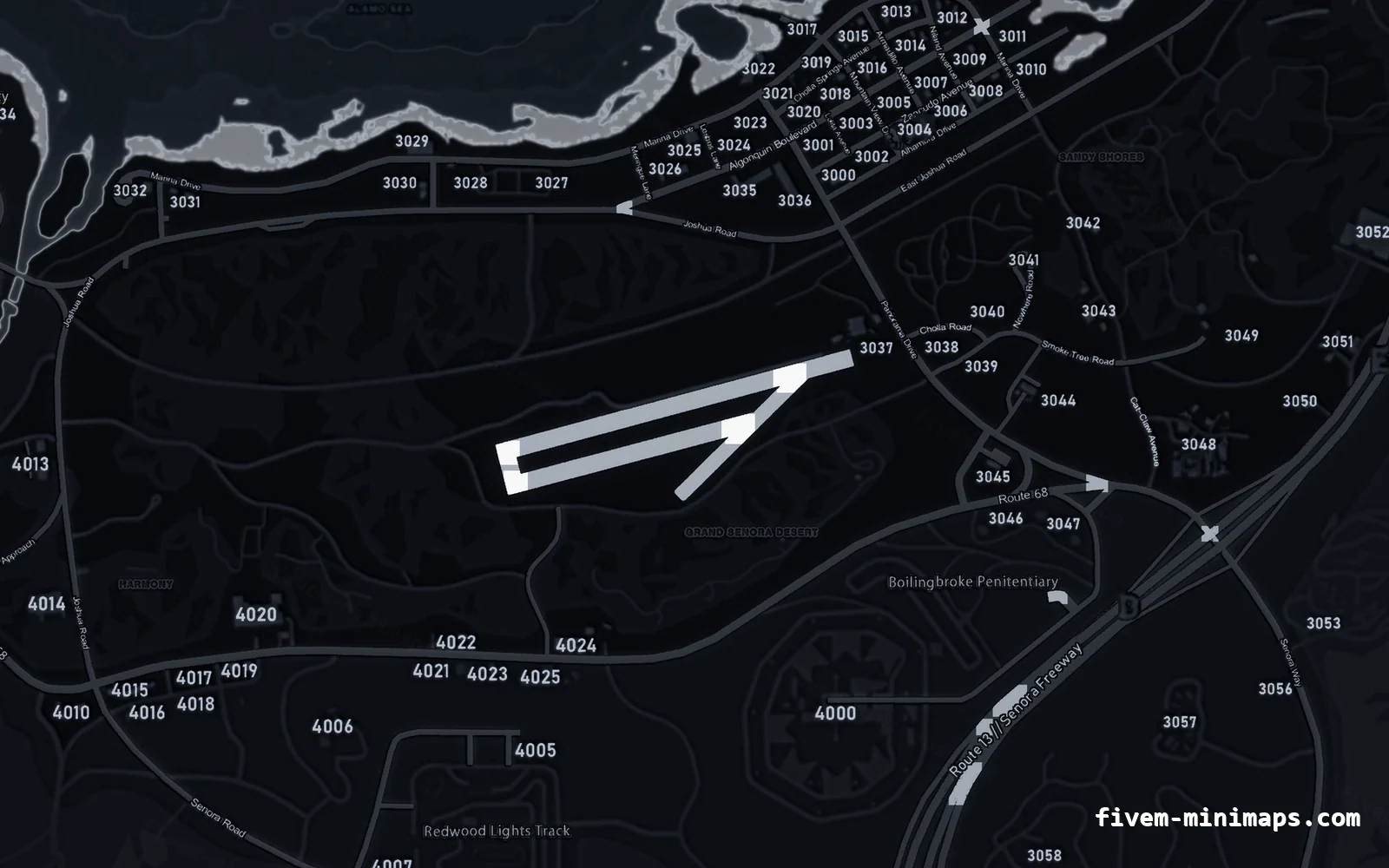 Black minimap — Sandy Shores Black OBSIDIAN FiveM minimap for GTA V — with postal codes — showing Sandy Shores and the desert