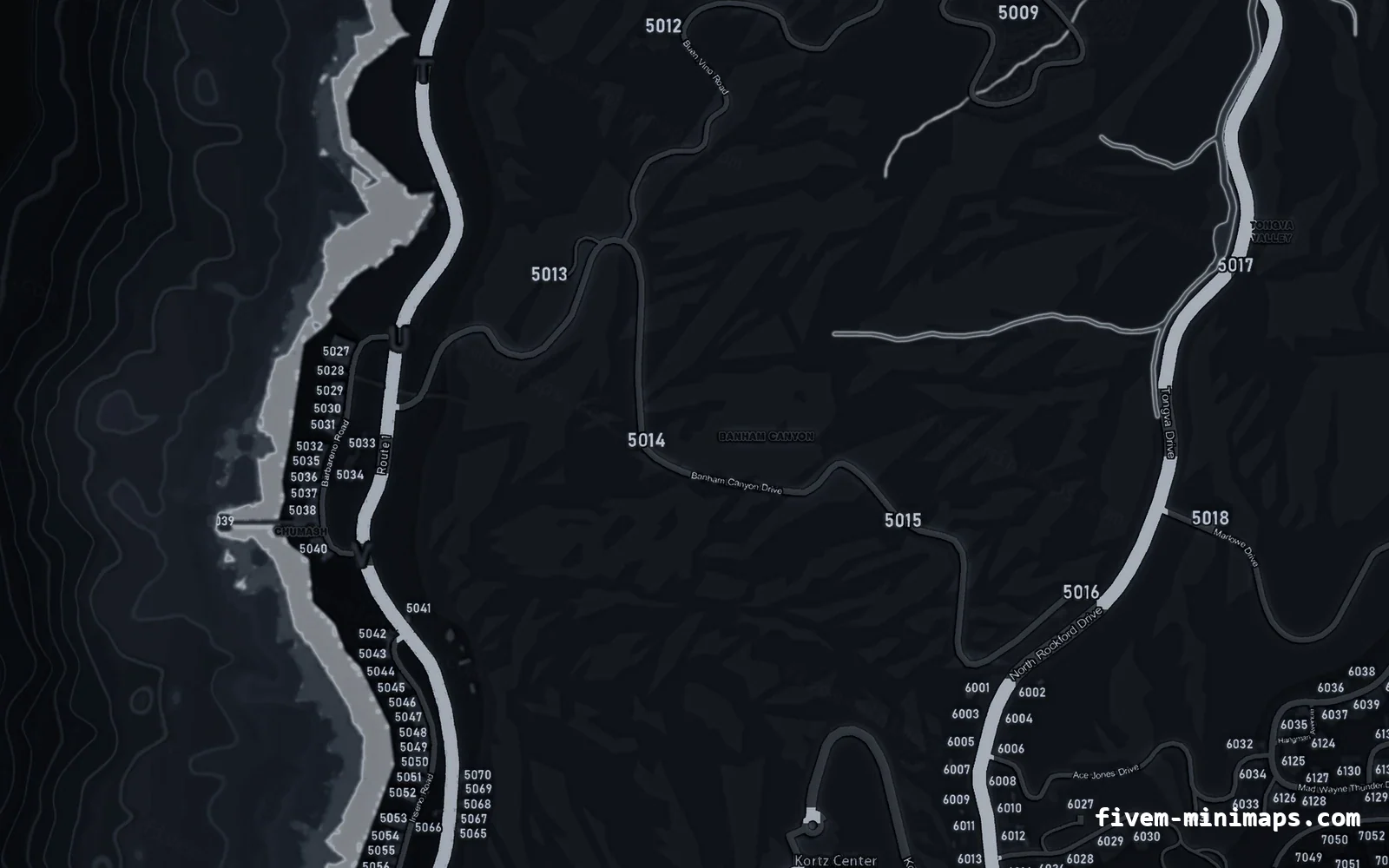 Black minimap — West coast Black OBSIDIAN FiveM minimap for GTA V — with postal codes — showing the west coast and depth contours