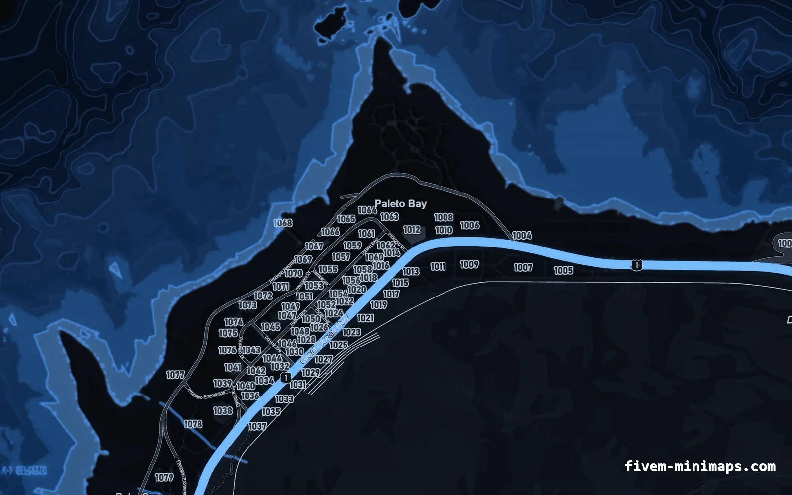 Blue COBALT FiveM minimap for GTA V — google style — showing Paleto Bay and Mount Chiliad