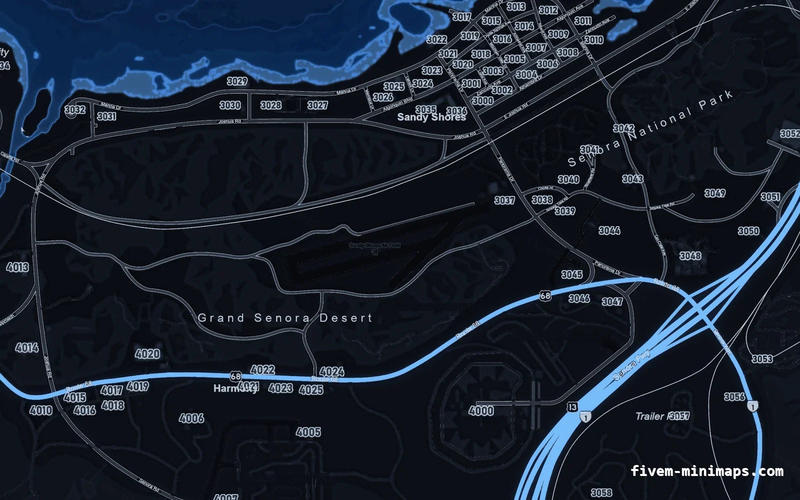 Blue COBALT FiveM minimap for GTA V — google style — showing Sandy Shores and the desert