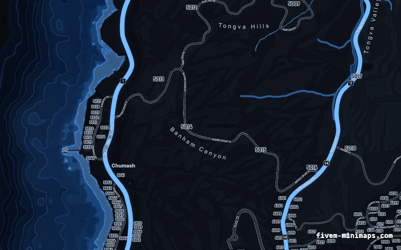 Blue COBALT FiveM minimap for GTA V — google style — showing the west coast and depth contours