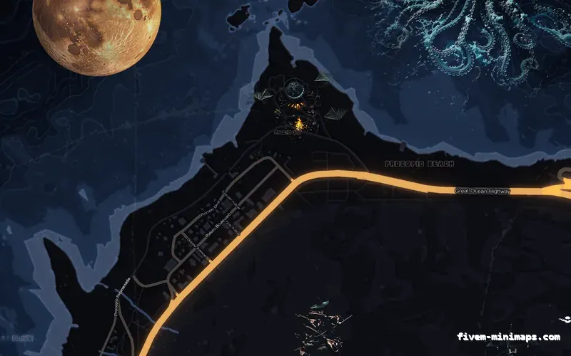 Halloween Blue HAUNTED COBALT FiveM-compatible minimap for GTA 5 — without postal codes — showing Paleto Bay and Mount Chiliad