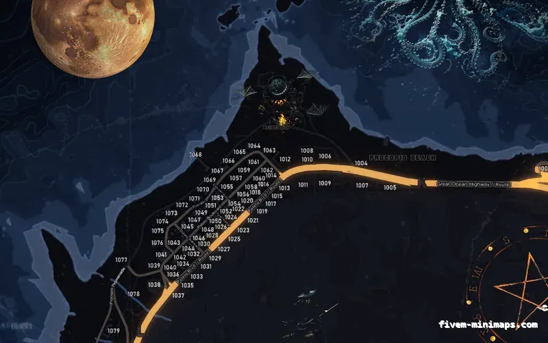 Halloween Blue HAUNTED COBALT FiveM-compatible minimap for GTA 5 — with postal codes — showing Paleto Bay and Mount Chiliad