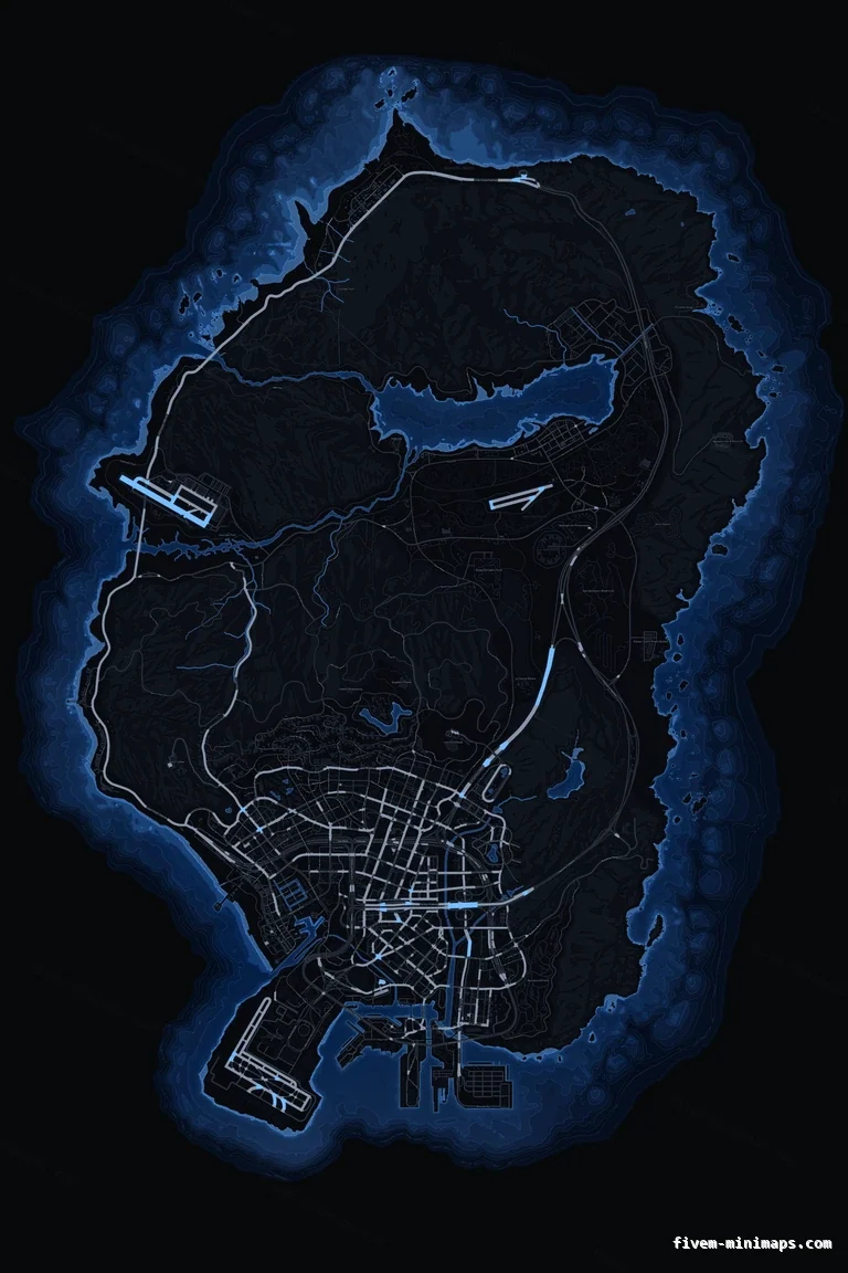 Blue COBALT FiveM minimap for GTA V — without postal codes — showing the whole San Andreas map