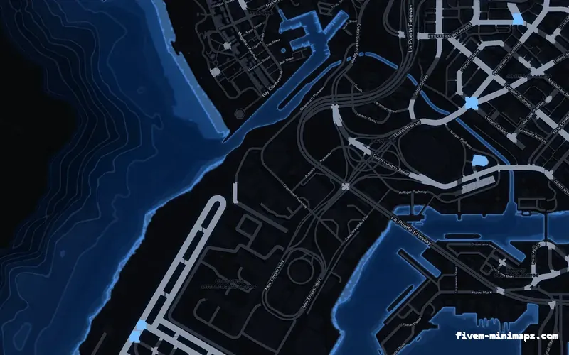 Blue COBALT FiveM minimap showing the harbour and industrial docks