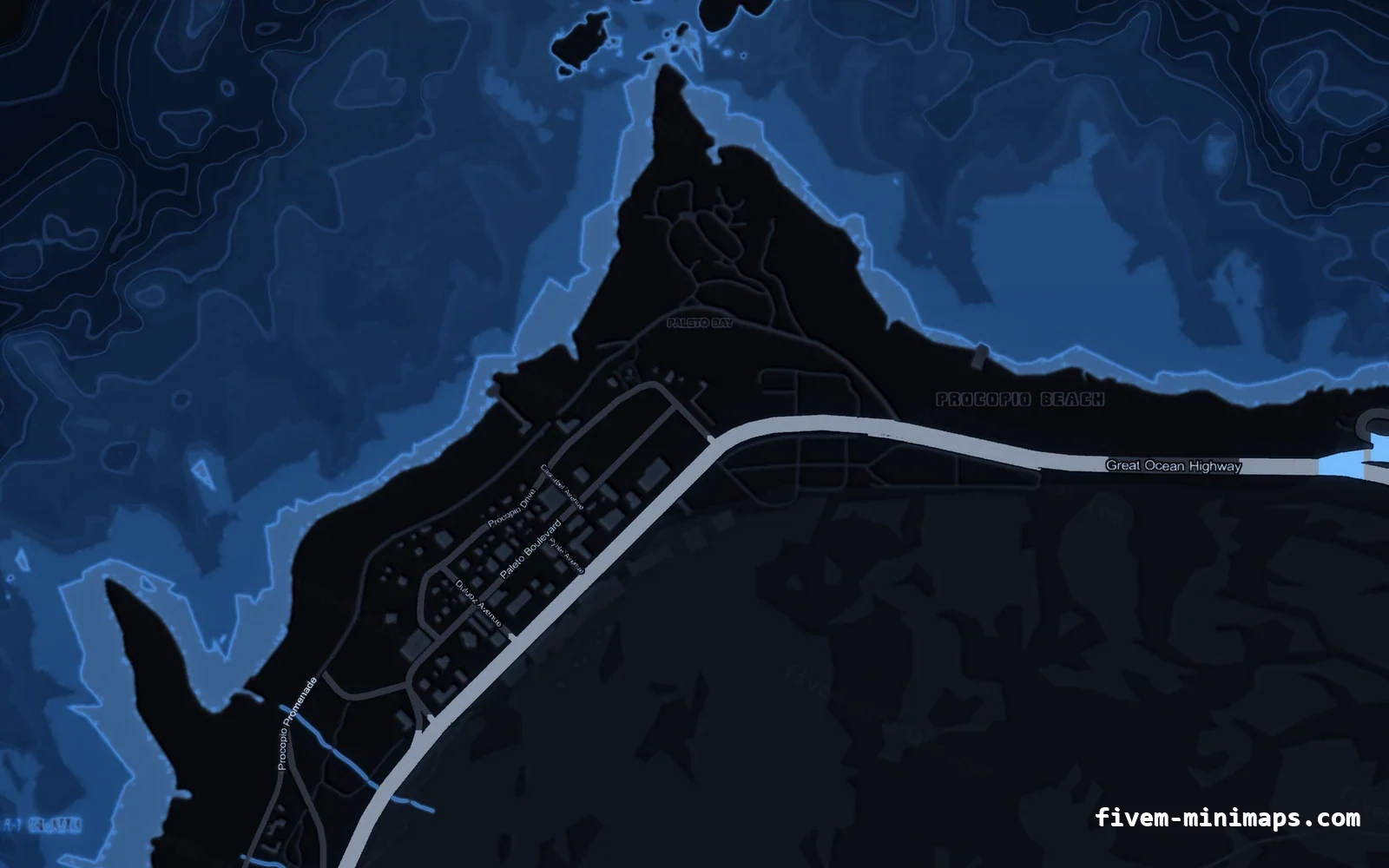 Blue COBALT FiveM minimap for GTA V — without postal codes — showing Paleto Bay and Mount Chiliad