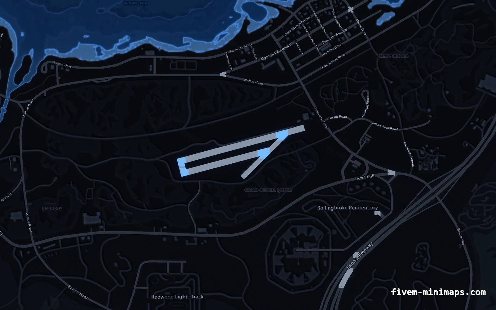 Blue COBALT FiveM minimap for GTA V — without postal codes — showing Sandy Shores and the desert