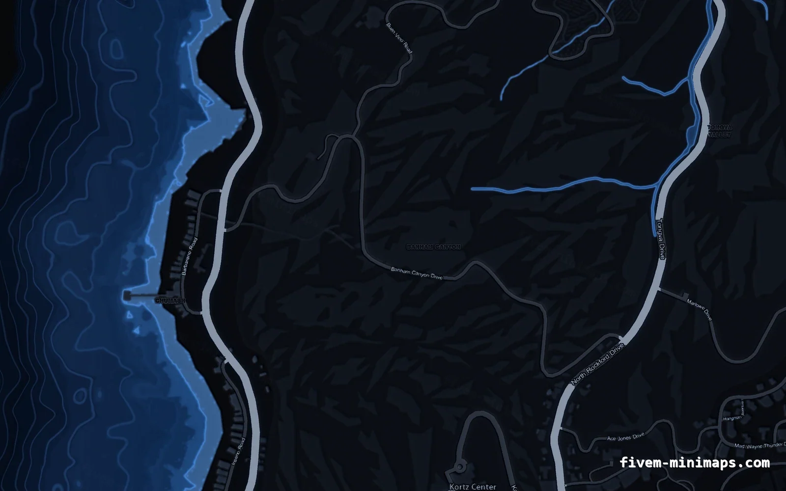 Blue COBALT FiveM minimap for GTA V — without postal codes — showing the west coast and depth contours