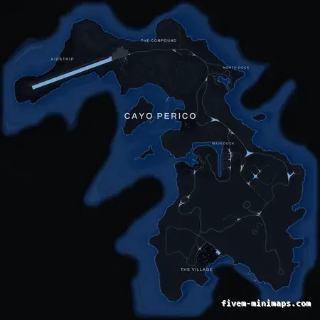 Blue COBALT Cayo Perico FiveM-compatible minimap for GTA 5 — optional island add-on in the same palette, with postal codes