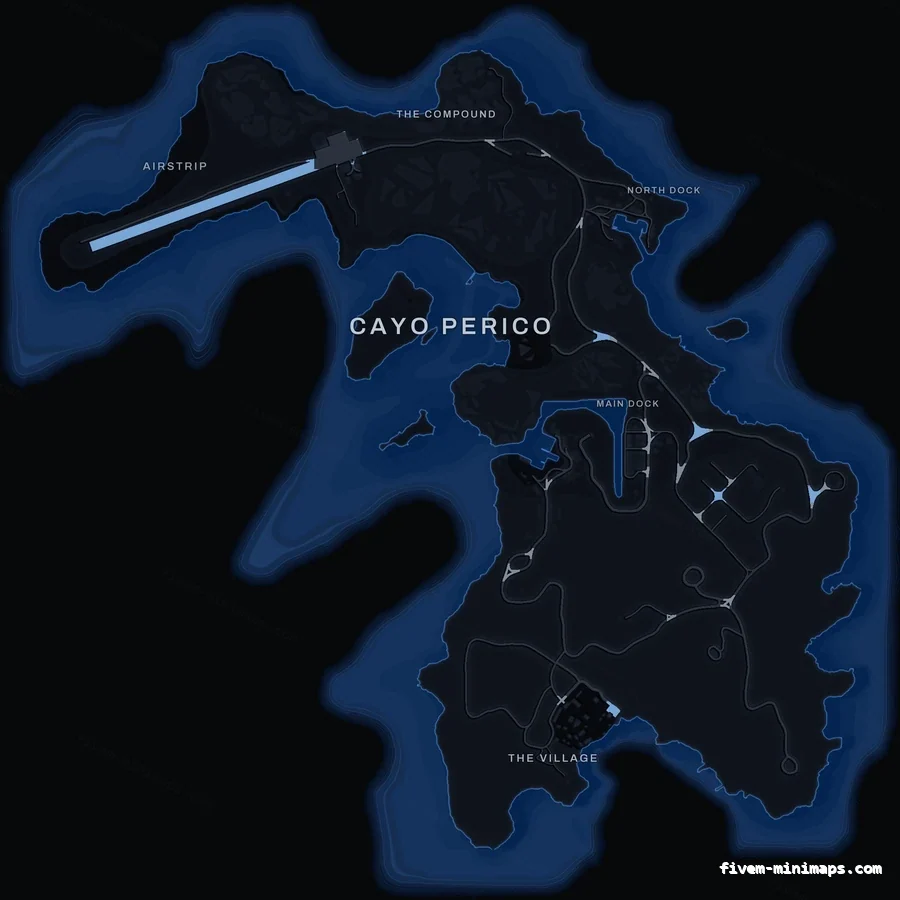 Blue COBALT Cayo Perico FiveM-compatible minimap for GTA 5 — optional island add-on in the same palette, with postal codes