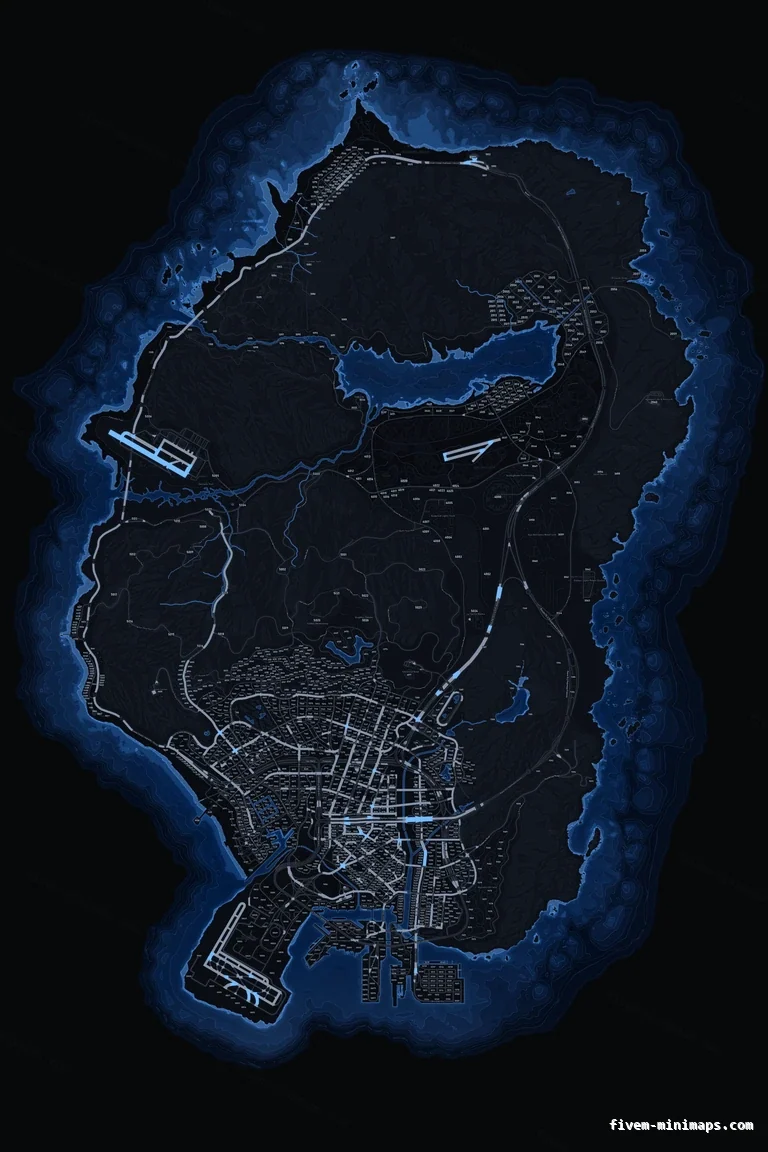 Blue COBALT FiveM minimap for GTA V — with postal codes — showing the whole San Andreas map
