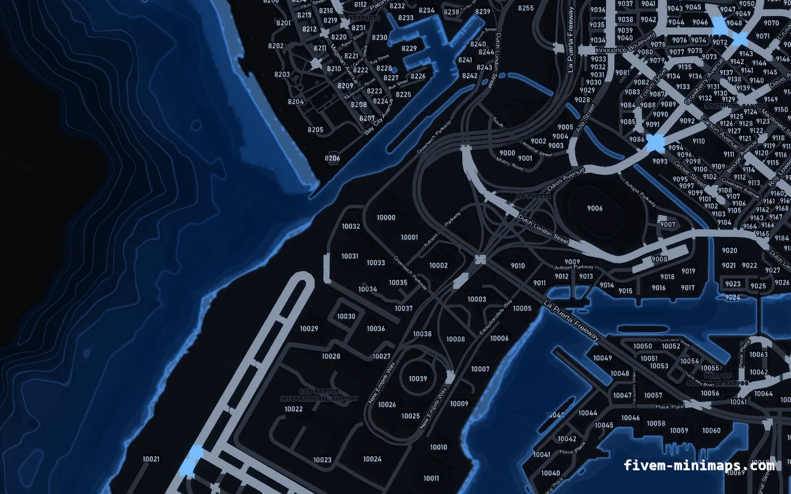 Blue minimap — Harbour Blue COBALT FiveM minimap for GTA V — with postal codes — showing the harbour and industrial docks