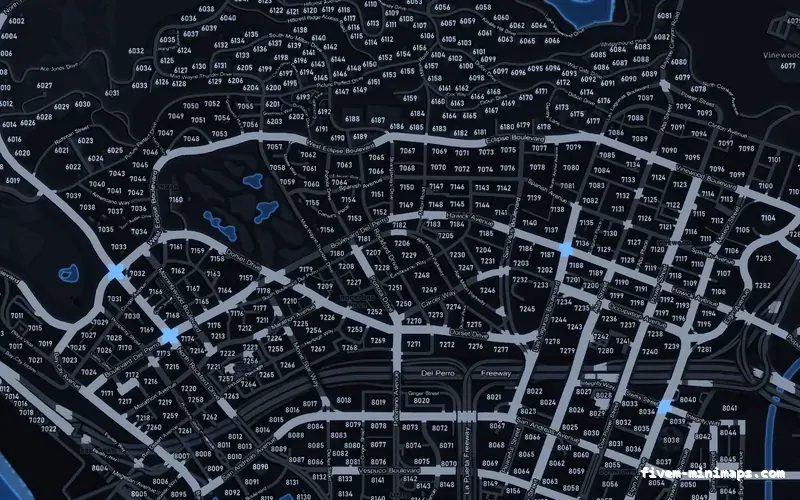 Blue COBALT FiveM minimap for GTA V — with postal codes — showing Los Santos street detail