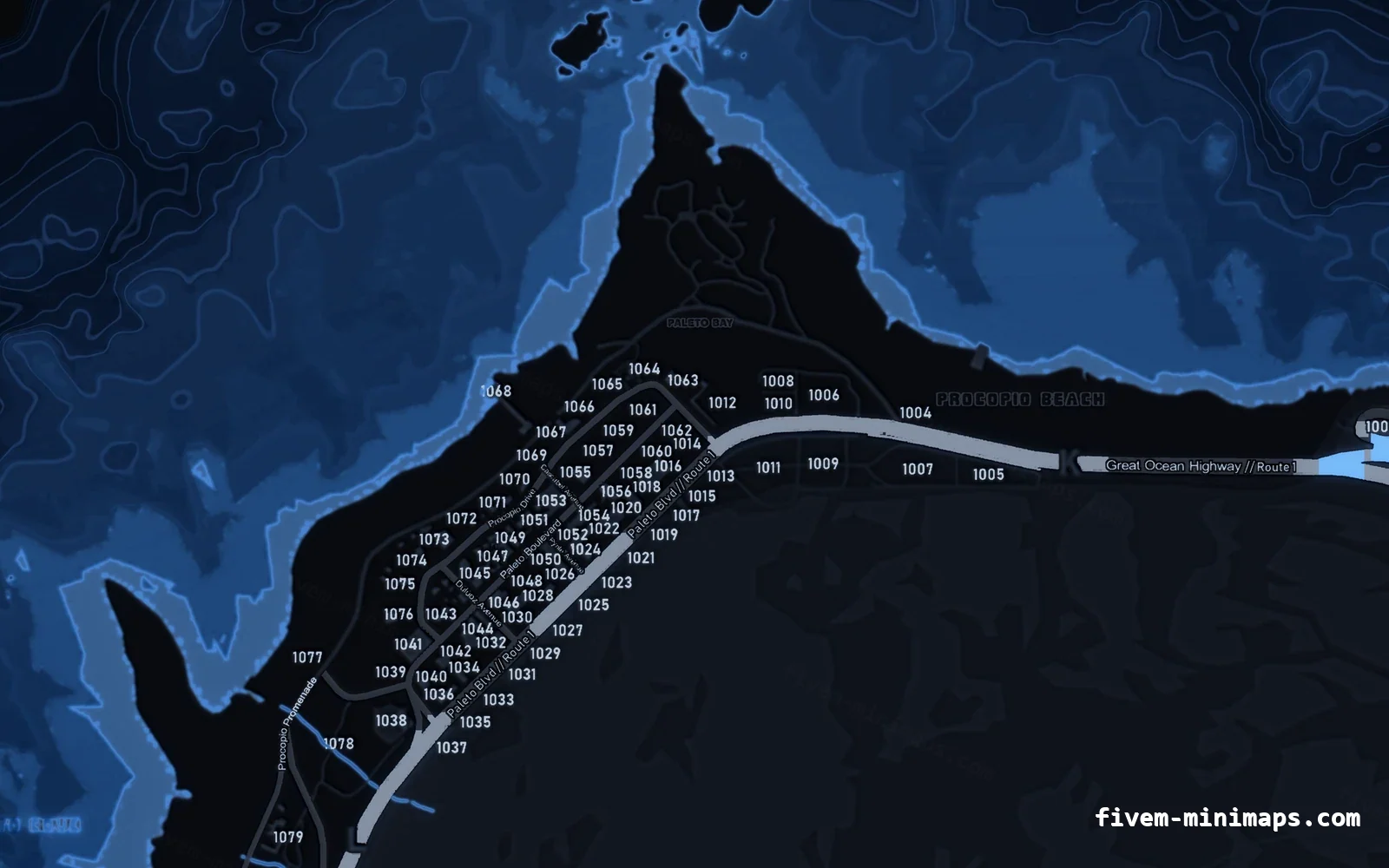 Blue minimap — Paleto Bay Blue COBALT FiveM minimap for GTA V — with postal codes — showing Paleto Bay and Mount Chiliad