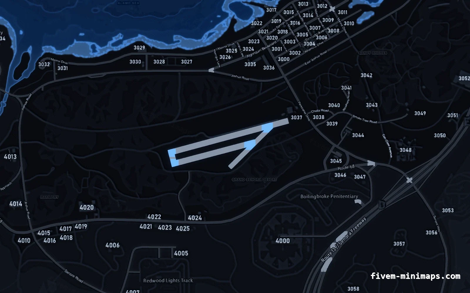 Blue minimap — Sandy Shores Blue COBALT FiveM minimap for GTA V — with postal codes — showing Sandy Shores and the desert