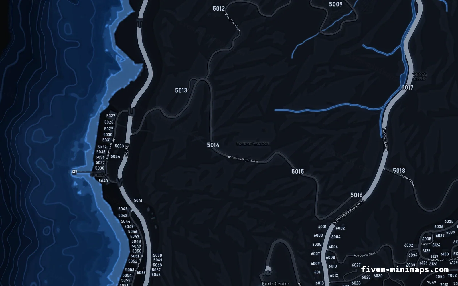 Blue minimap — West coast Blue COBALT FiveM minimap for GTA V — with postal codes — showing the west coast and depth contours