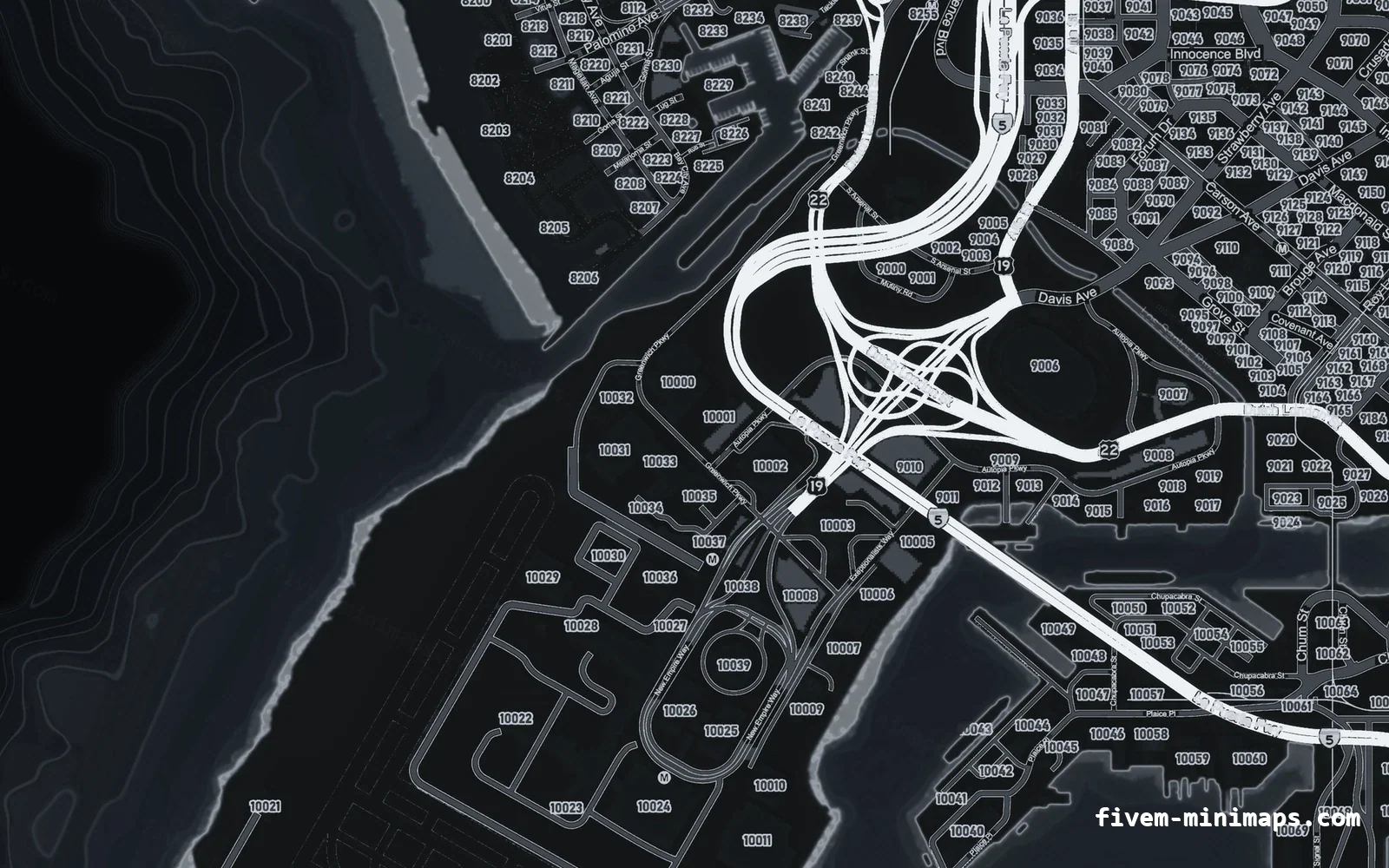 Gray minimap — Harbour Gray GRAPHITE FiveM minimap for GTA V — google style — showing the harbour and industrial docks