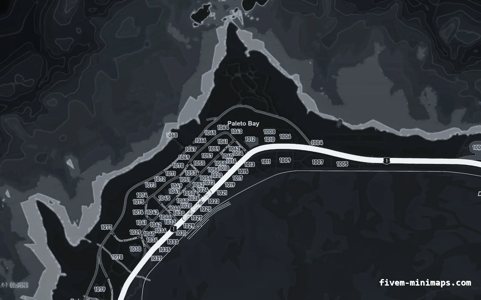 Gray minimap — Paleto Bay Gray GRAPHITE FiveM minimap for GTA V — google style — showing Paleto Bay and Mount Chiliad