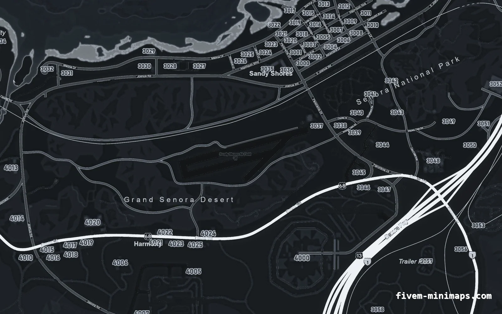 Gray minimap — Sandy Shores Gray GRAPHITE FiveM minimap for GTA V — google style — showing Sandy Shores and the desert