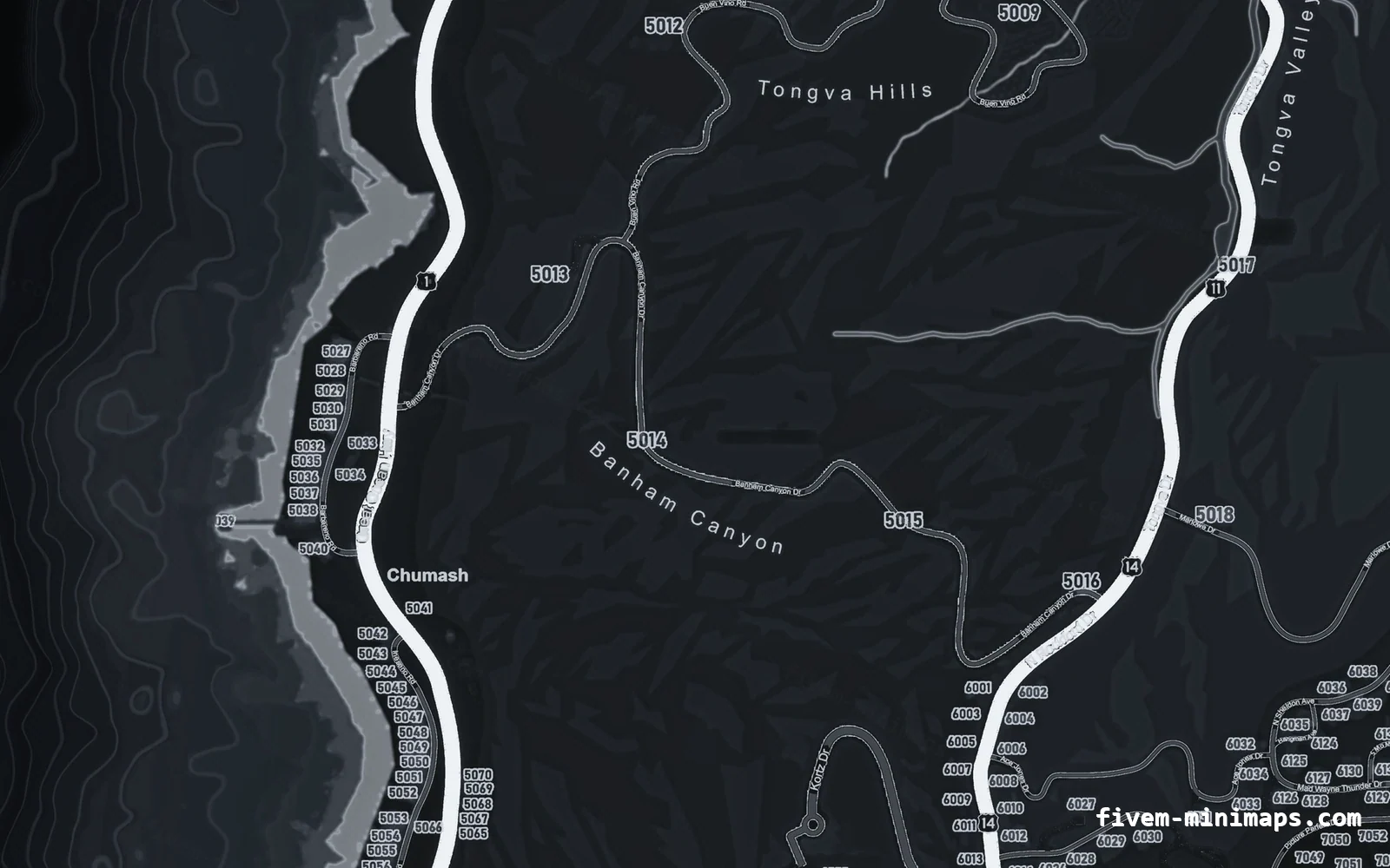 Gray minimap — West coast Gray GRAPHITE FiveM minimap for GTA V — google style — showing the west coast and depth contours