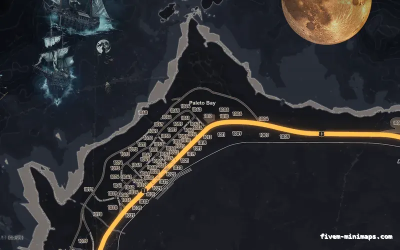 Halloween Gray HAUNTED GRAPHITE FiveM-compatible minimap for GTA 5 — google style — showing Paleto Bay and Mount Chiliad