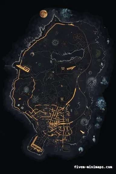 Halloween Gray HAUNTED GRAPHITE FiveM-compatible minimap for GTA 5 — without postal codes — showing the whole Los Santos and Blaine County map