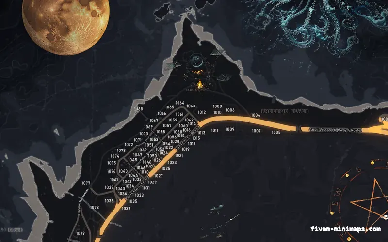 Halloween Gray HAUNTED GRAPHITE FiveM-compatible minimap for GTA 5 — with postal codes — showing Paleto Bay and Mount Chiliad
